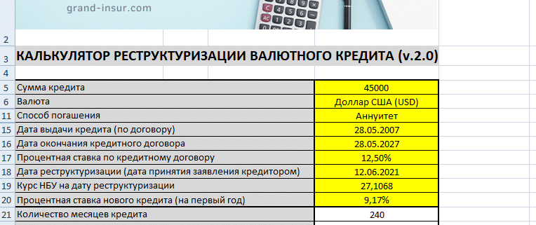 Калькулятор расчёта реструктуризации валютных кредитов в Украине 2021