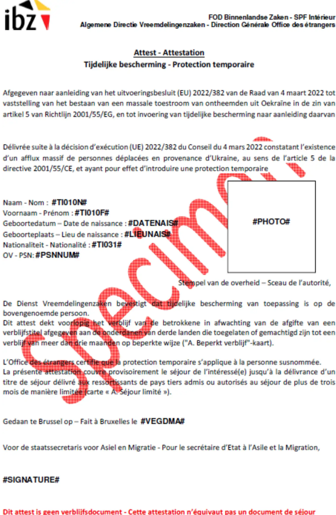 Бельгия - сертификат временной защиты для украинцев